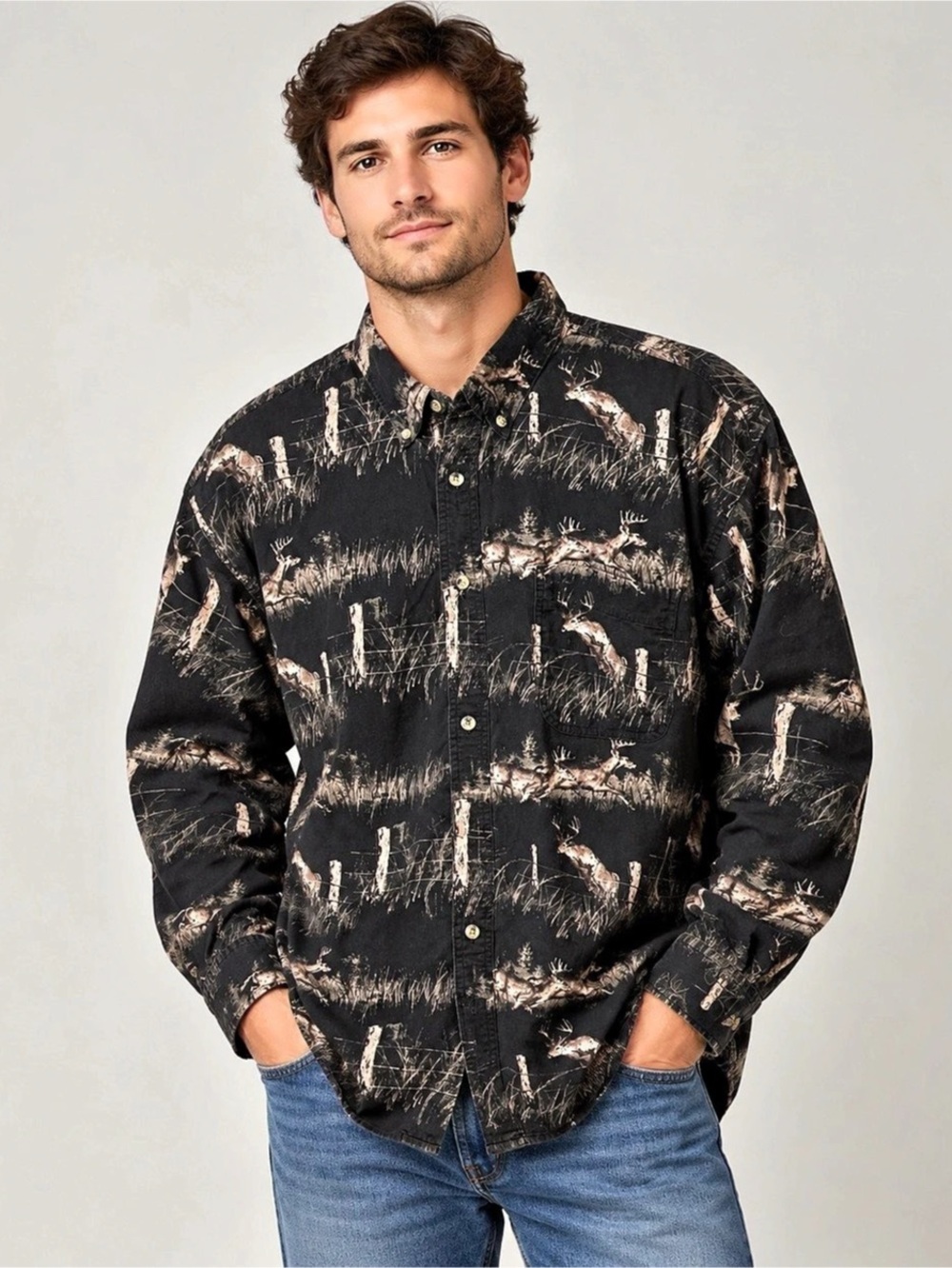 Reel Legends Vintage Deer Hunting Button Down Shirt Large 100% Cotton